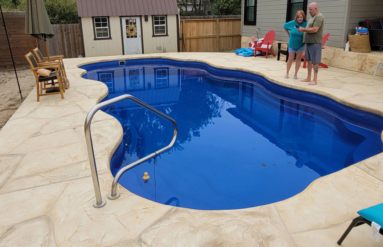 Lonestar Inground Fiberglass Pools Martindale Texas Cabo Style pool for a private backyard oasis and staycation without the hassle.